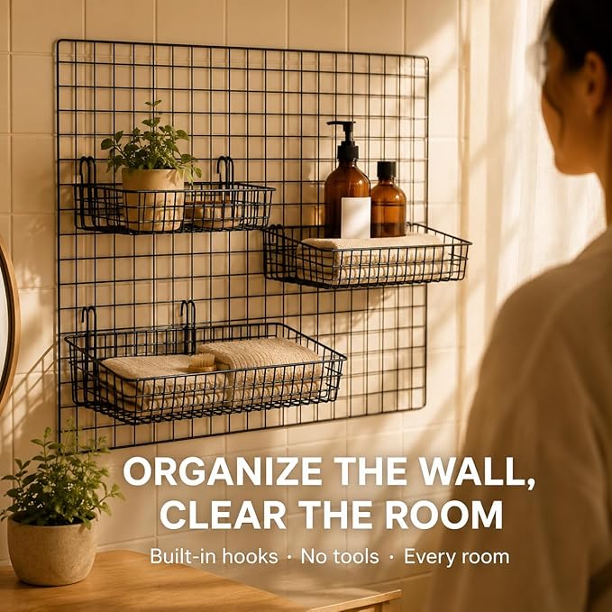 ANZOME Grid Wall Baskets, 2 Pack Black Hanging Wire Basket Shelves for Kitchen Pantry Wall Storage, Metal Mesh Organizer with Hooks for Fruits, Spices, Plants and Small Supplies
