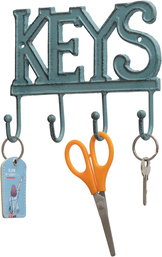 FairyCity Keys Holder for Wall Metal Vintage Keys Hook Organizer- Home Decor Key Hanger Rack Decorative with 4 Hooks,18 * 15cm Blue