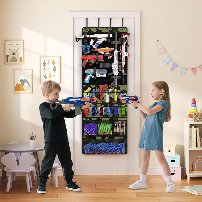 Over the Door Organizer for Toy Guns, Toy Gun Storage Organizer with Pockets and Slots for Kids Foam Blasters, Darts, Goggles, Over Door Toy Storage Hanger for Kids Rooms, Game Rooms, Green