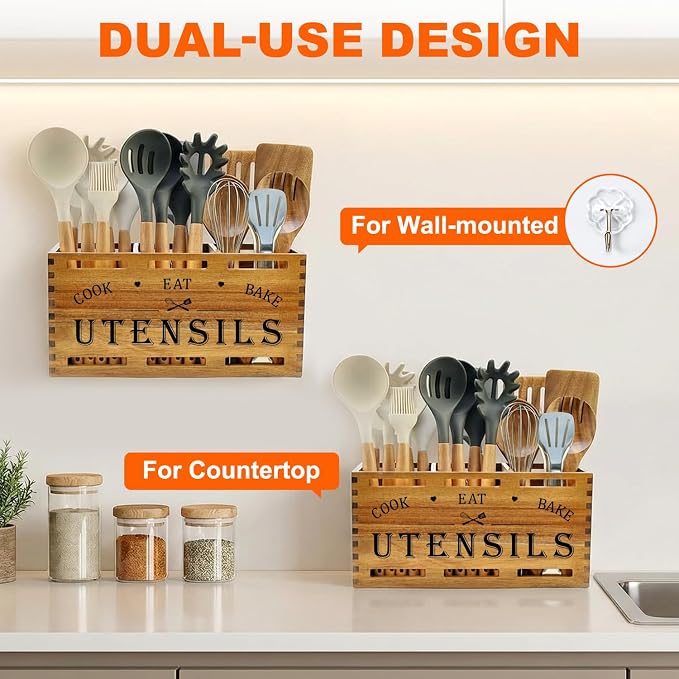 Large Acacia Wood Cooking Utensil Holder for Kitchen Spatula Spoon Holder | Wooden Utensil Organizer Countertop Kitchen Utensil Crock Tool Holder Rustic Silverware Caddy Country Kitchen Counter Decor