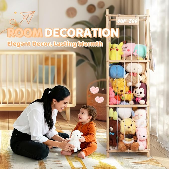 Stuffed Animal Storage Organizer, Large Wooden Zoo Toy Holder with Pockets, Plushie, Stuffy,Toy Storage for Kids Room, Playroom, Bedroom(Natural Large)