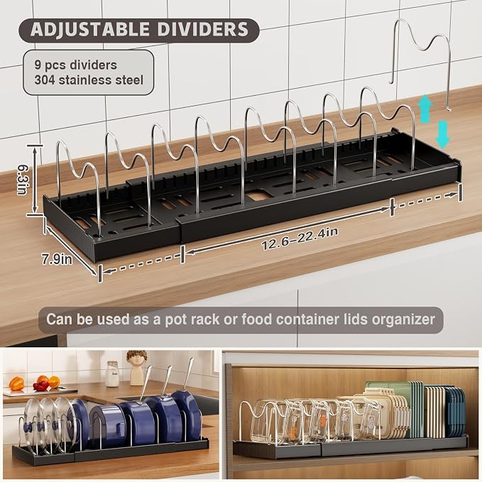 Magheo 2 Pack Expandable Food Storage Container Lid Organizers, 22" Pots and Pans Organizer Under Cabinet with 9 Adjustable Dividers Pot and Pan Lid Holders Rack Inside Cabinet(Black)
