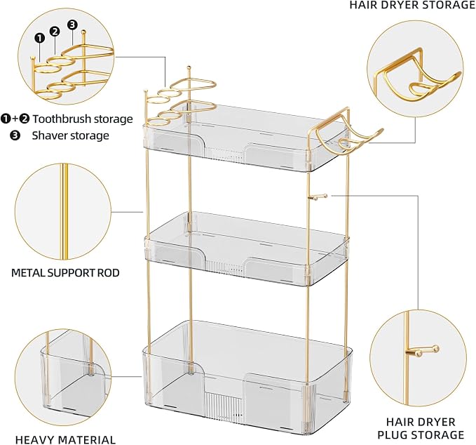 Akinbas 3 Tier Bathroom Organizer Countertop Makeup Perfume Tray Skincare Organizer Comes with Hair Dryer Rack and Toothbrush Holder for Bathroom Dresser Vanity (White)