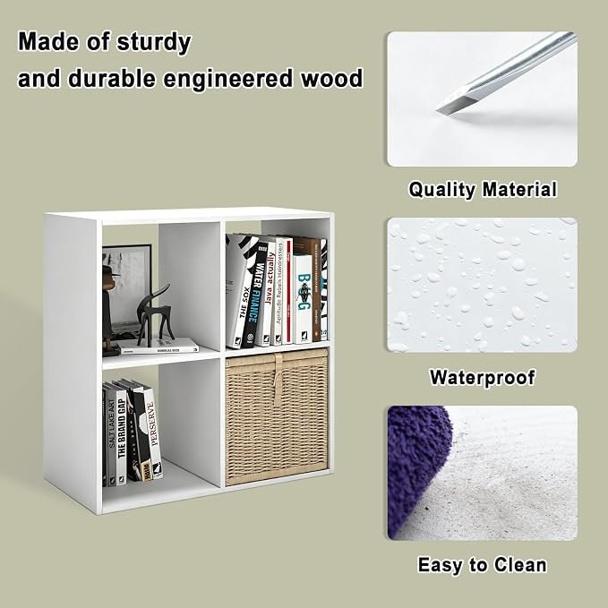 4 Cube Shelf with Anti-Tipping Kits + Reversible Open Back Bookcase, Multi Layer and Multi Grid Partition Layout (White 11in)