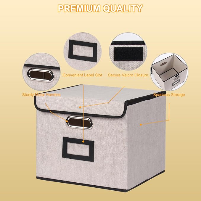 Large Square Storage Bin with Lid, Foldable Organizer Box with Handles & Label Design, for Office, Closet, Home, Documents, Grey, 12.20 x 10.63 x 10.63 Inches, 4 Pack