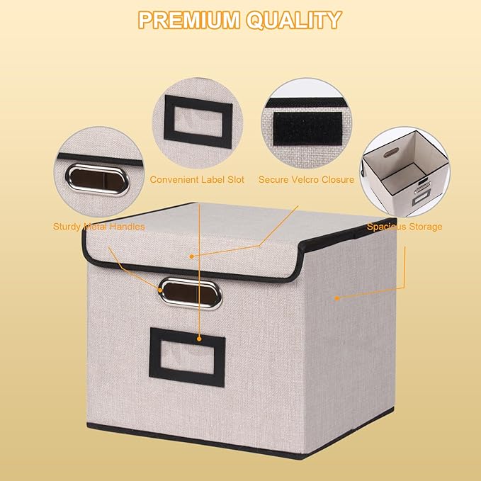 Large Square Storage Bin with Lid, Foldable Organizer Box with Handles & Label Design, for Office, Closet, Home, Documents, Grey, 12.20 x 10.63 x 10.63 Inches, 2 Pack