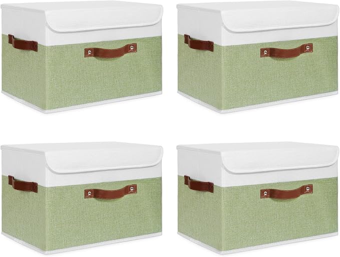 ANMINY 4PCS Storage Boxes with Lid Washable Decorative Storage Bins Basket with PU Leather Handle Foldable Linen Fabric Storage Cubes Containers for Home Closet Organizer - Green White, Large Size