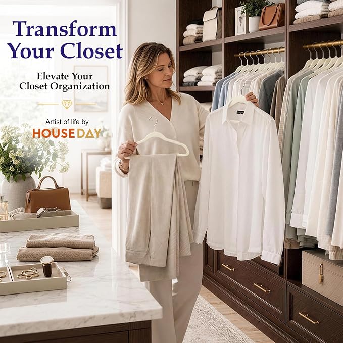 HOUSE DAY Ivory Velvet Hangers 60 Pack, Sturdy Non Slip Hanger Wrinkle-Free | Clothes Hangers with 360° Swivel Hook, Heavy Duty Slim Felt Hangers for Closet Space Saving, No Shoulder Bumps for Shirt-75g