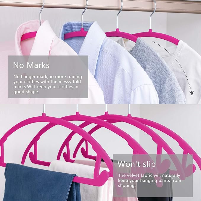 MIZGI Premium Velvet Hangers 50 Pack Heavyduty- Non Slip No Shoulder Bump Suit Hanger - Chrome Hooks,Space Saving Clothes Rounded Shape for Coat,Sweater,Jackets,Pants