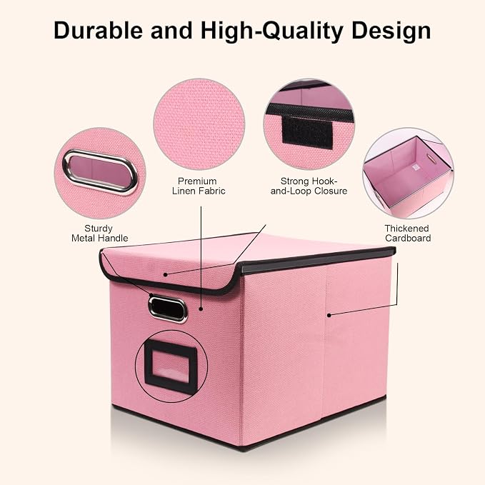 File Storage Box with Lid, 15.55x12.87x10.43 Inches, Foldable Organizer with Handles & Label Slot, for File Storage, Home, Office, and Closet Organization(2 Packs, Pink)