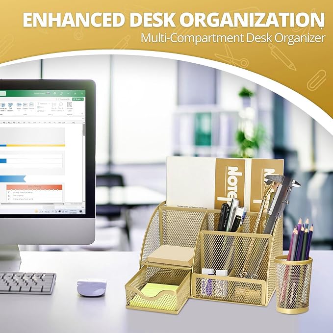 Flexzion Metal Mesh Desk Organizer with Drawer, 6 Compartments, Rose Gold | Compact desktop caddy with separate pen holder; 8.7 x 5.5 x 5 in for office supplies, home study, or dorm use