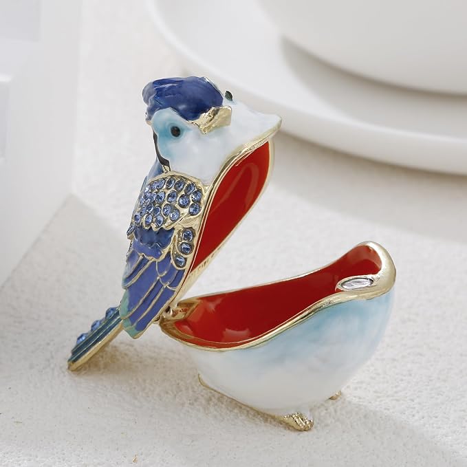 Hand Painted Enamel Blue Jay Trinket Box for Home Decor, Hinged Jewelry Organizer for Ring Earrings, Unique Figurine Keepsake Collectible Personalized Elegant Handmade Ornament Gifts (Blue Jay)