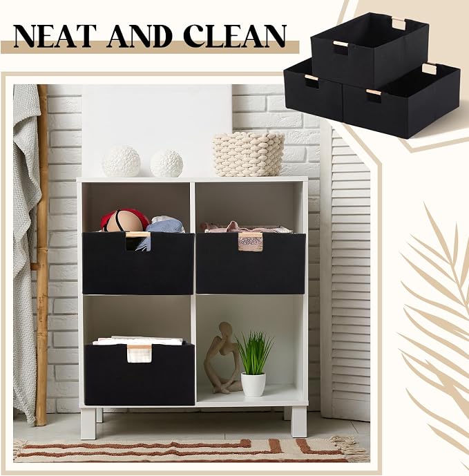 Cinnvoice 3 Pack Fabric Storage Bins for Closet Shelves, 16.5 x 12.2 x 6.7 Inch Black Rectangle Wardrobe Organizer with Handle, Collapsible Shelves Storage Basket for Sorting Clothes and Toy