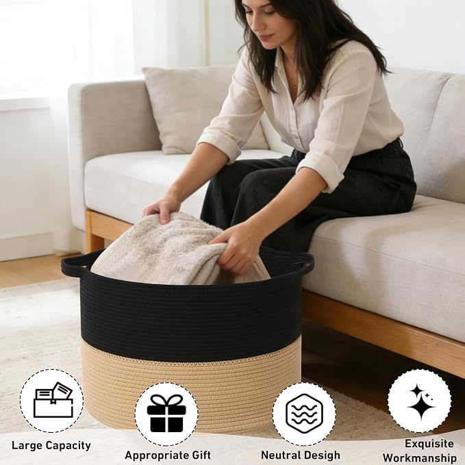115L Extra Large Blanket Basket,Woven Rope Laundry Basket Hamper with Handles, Decorative Nursery Basket Storage Bin for Toys, Clothes Organizer, Living Room, Bedroom, Bathroom, Black&Camel