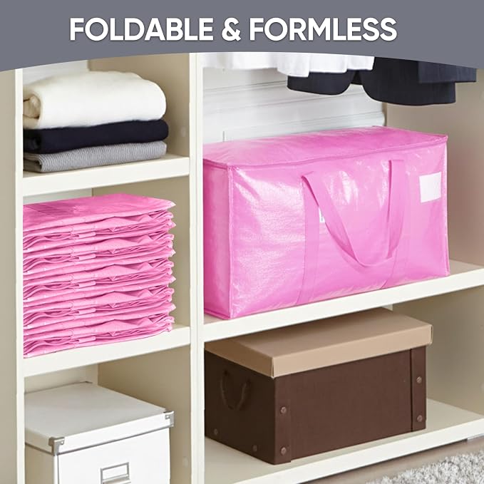 TICONN 4 Pack Extra Large Moving Bags Heavy Duty with Zippers & Carrying Handles, Durable Storage Bags Moving Boxes for Closet Organizers and Storage (4 Pack, Pink)
