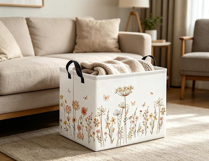 Rectangular Baby Kids Storage Basket for Home Kitchen Girls Cute Toy Storage Bin Organizer Shelf Book Room Decor(Line Flower)