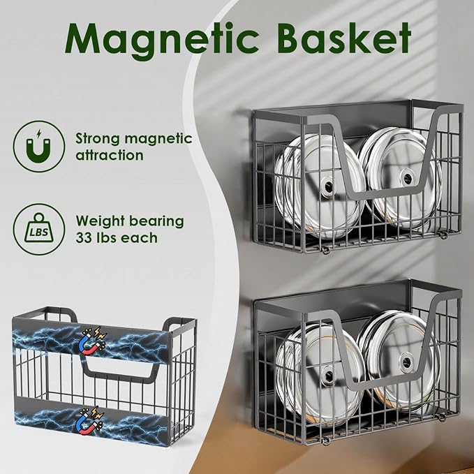 Grey Magnetic Shelf for Fridge, 2 Set Potato and Onion Storage Bins, Magnetic Fruit Basket for Fridge Pantry Organizers & Storage, Magnetic Spice Rack for Refrigerator Kitchen Counter Cabinet
