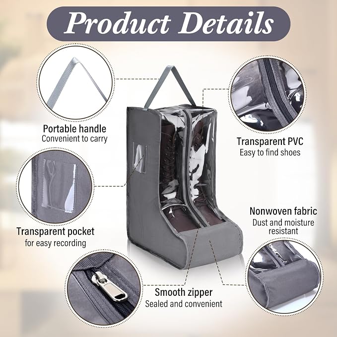 Sanwuta 4 Pcs Grey Portable Boots Bag for Cowboy Boots Tall Boot Storage Bags Portable Waterproof Protector Tools for Travel and Daily Wardrobe Shoe Cabinet and Other Home