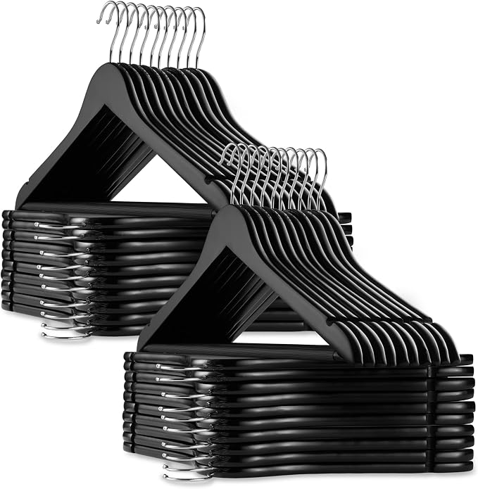 Casafield - 40 Black Wooden Suit Hangers - Premium Lotus Wood with Notches & Chrome Swivel Hook for Dress Clothes, Coats, Jackets, Pants, Shirts, Skirts