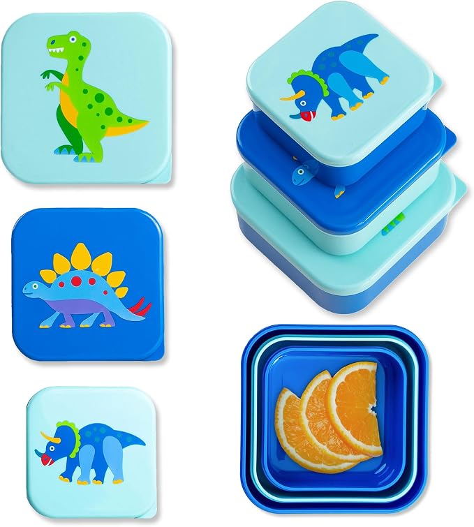 Wildkin Set of 3 Kids Nesting Food Containers for Boys – Stackable, Airtight & BPA-Free Snack Containers, Dishwasher Safe Lunch Box Containers for School & Travel, Ages 3–12 – Dinosaur Land