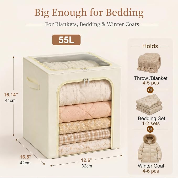 GoMaihe Clothes Storage Bins with Metal Frame, 55L Blanket Storage Boxes for Above Shelf Closet, 6 Pack Stackable Clothing Storage Organizer with Clear Window for Bedding Sweaters Comforters – Beige