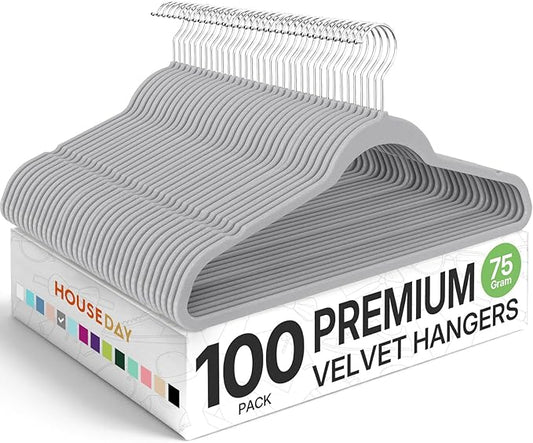 HOUSE DAY Premium Velvet Hangers 100 Pack Grey, Non-Slip Flocked Felt Hangers, Sturdy Clothes Hanger with 360° Rotatable Hook, Heavy Duty Durable Slim Coat Hanger for Closet Space Saving