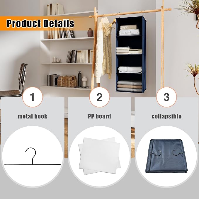 Hanging Closet Organizer 4-Shelf, Oxford Fabric Wardrobe Storage, Navy Blue | Easy-mount foldable design holds clothes, handbags, shoes & accessories; washable Oxford fabric, sturdy and space-saving.