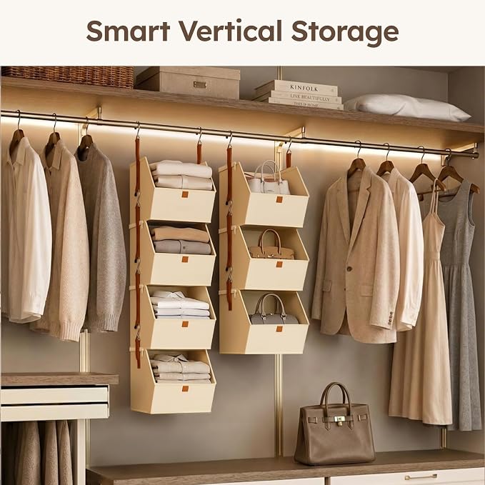 Homsorout Collapsible Hanging Closet Organizer - 6 Tier Closet Shelves Storage System with Hooks, Fabric Hanging Storage Bins for Clothes, Foldable Storage Basket for Laundry, Bedroom, Rv, Beige