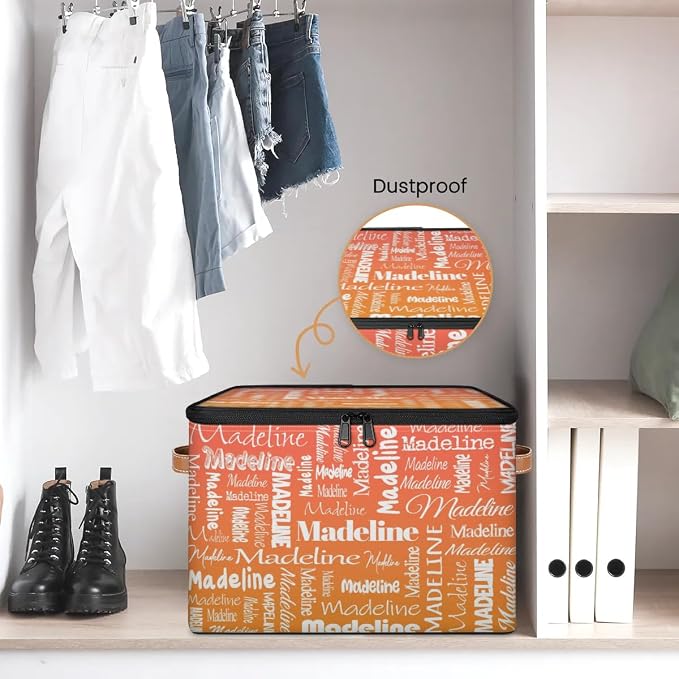 Custom Storage Basket with Name, Personalized Keepsake Box with Zipper Lid, Foldable Fabric Memory Bin Large capacity with Handle Orange