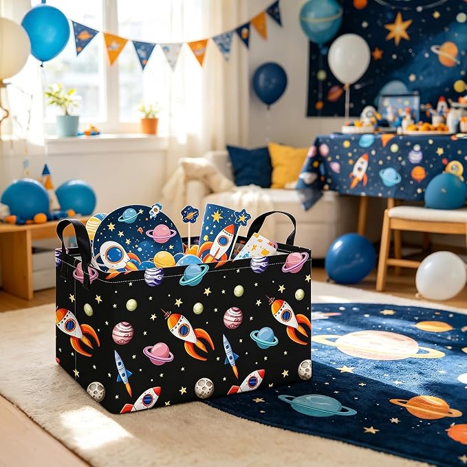 Rectangular Planet Rocket Storage Bin Toy Organizer | Storage Bin Foldable Canvas with Handles for Organizing Home Kitchen Children Toys Office Closet Shelf Baskets