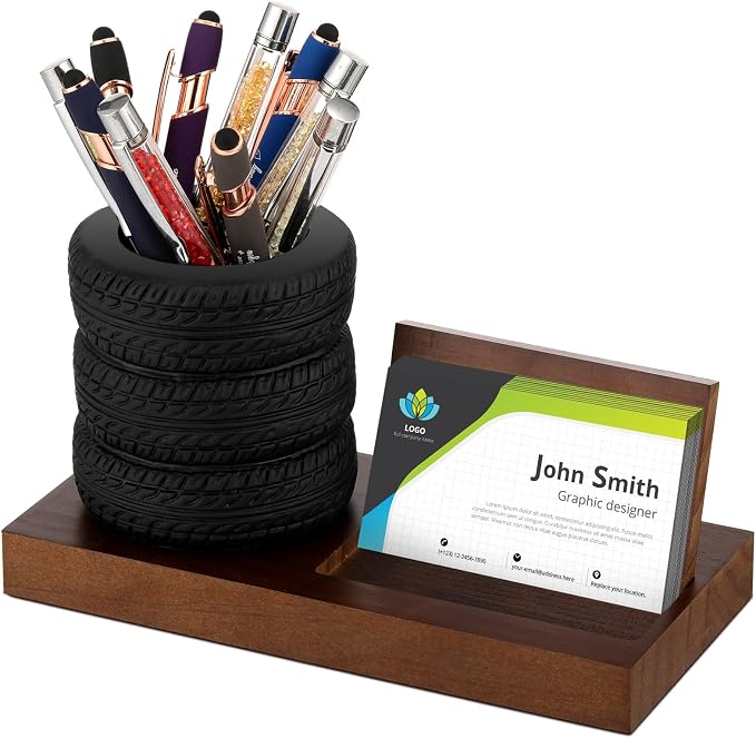 Sherr Tire Shape Stationery Set Car Salesman Gift Tire Stack Pen Holder Business Card Holder Car Salesman Desk Accessories for Desk Office Mechanics Gifts(Walnut)