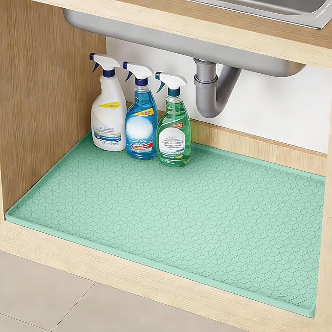 TRZZ Silicone Waterproof Under Sink Mat 28" x 19", Drip Tray and Cabinet Liner for Kitchen and Bathroom, Prevents Water Damage and Organizes Cabinets (Mint Green)