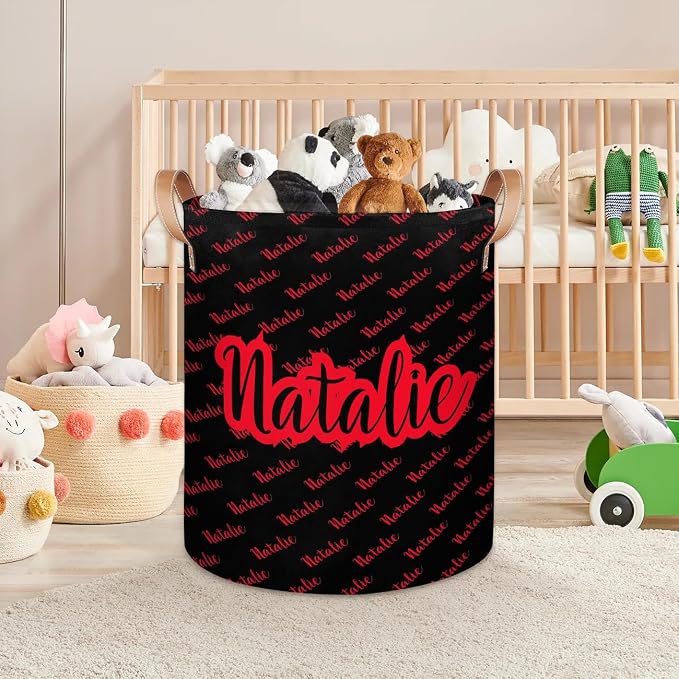 Personalized Laundry Basket, Custom Gift Laundry Hamper, Collapsible Nursery Waterproof Laundry Baskets, Dirty Clothes Toy Hamper with Handles Name Black Red