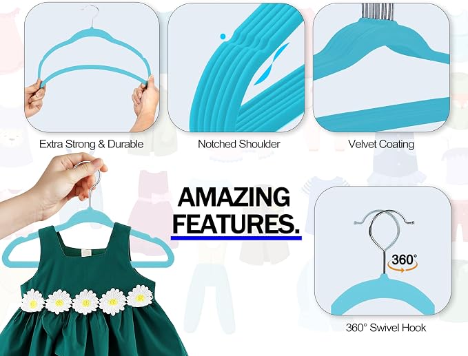 GVTECH Kids Hangers Velvet, [50 Pack] Children Cloth Durable Baby Hangers for Closet Perfect Infant Toddler Kid Hanger for Everyday Use, Non Slip 360° Hooks for Shirt, Pant (50 Pack, Light Blue)