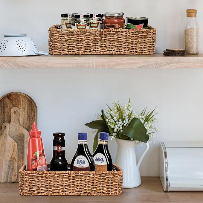 ZAVOOS 2 Pack Toilet Tank Basket with Handwoven Built-in Handle | Rectangular Wicker Shelf Baskets for Organizing, Countertop Storage Bin for Bathroom Tank Top, Bedroom Closet