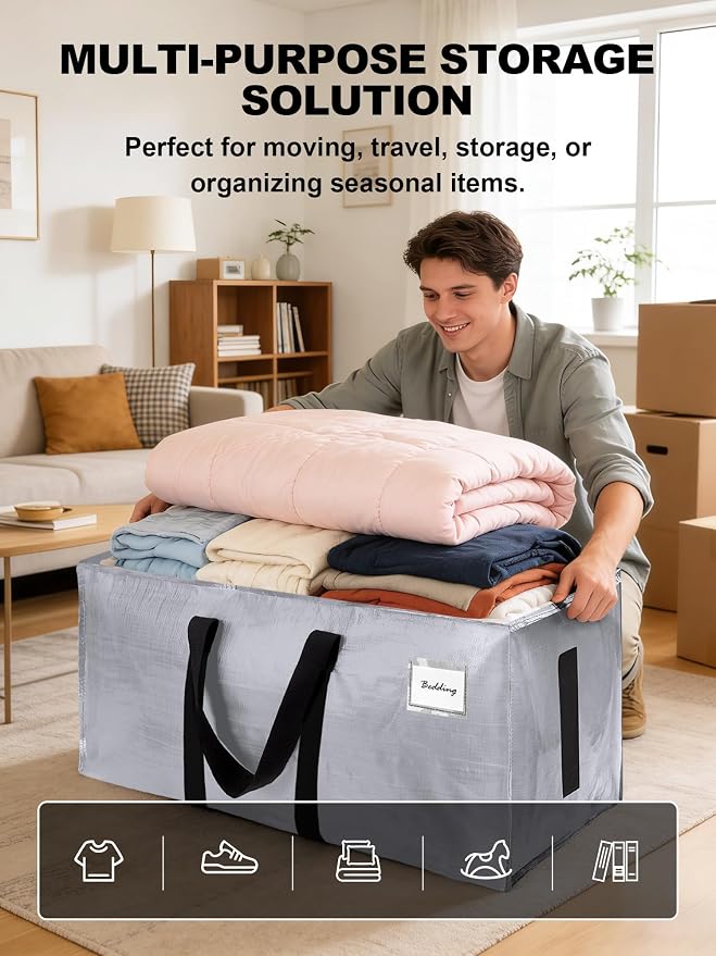 HOMESURE Supports 200lbs Heavy Duty Moving Bags - Strong Zipper & Wrap-Around Handles - Water-Resistant Storage Totes, Durable Alternative to Moving Boxes - 4 Pack - Silver
