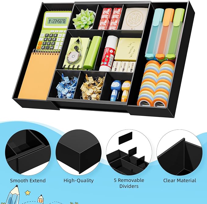 Marbrasse Expandable Desk Drawer Organizer, Clear Plastic Drawer Organizer Tray with 10 Adjustable Compartments, Desk Organizers and Accessories, 5 Drawer Dividers for Office Supplies, Makeup(Black)