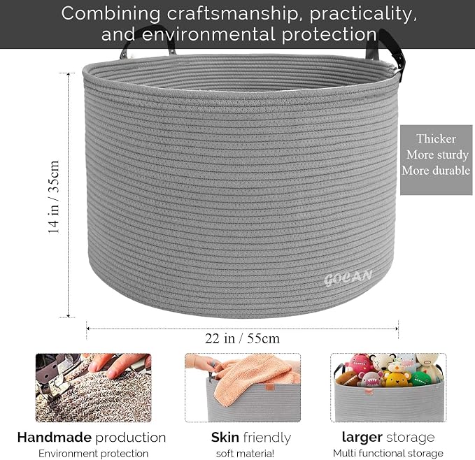 GOCAN Extra Large Storage Laundry Basket 22" X 22"X 14" Cotton Rope Woven Basket for Blanket with Handles for Living Room Toys Storage XXXL (Gery)