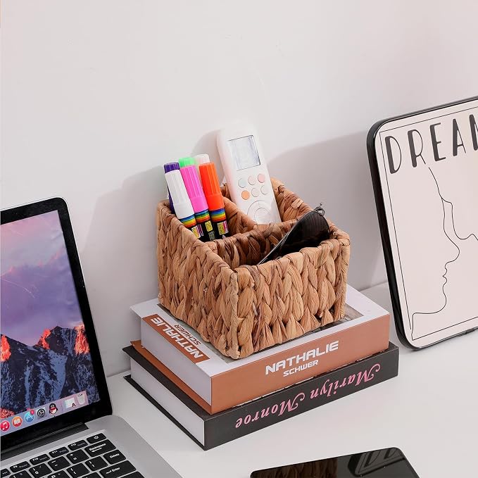 Wicker Remote Control Holder Hand Woven Water Hyacinth Storage Basket with 3 Compartments,Cosmetic Storage Box for Desk,Home Organization