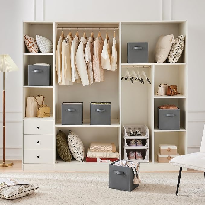 MAX Houser 6 Pack Foldable Fabric Storage Bins with Handles - Ideal for Closet Organization, Bedroom (Grey, 10.5"x10.5"x11")
