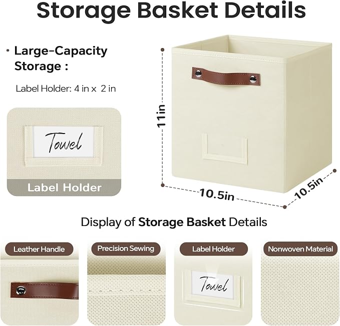 FinishingBo 6-Pack Storage Cubes with Handles & Label Holders Basket, Closet Cube Home Organizer Bins(Beige, 10.5*10.5*11 inch)