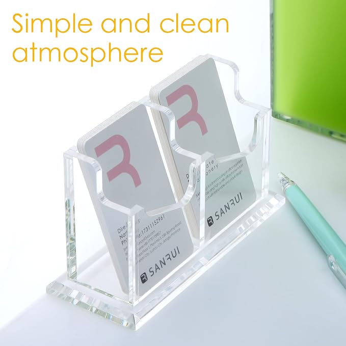 SANRUI Vertical Business Card Holder for Desk，Clear Acrylic Business Card Display Stand，2 Slots 1 Tier ，Holds 100 Cards