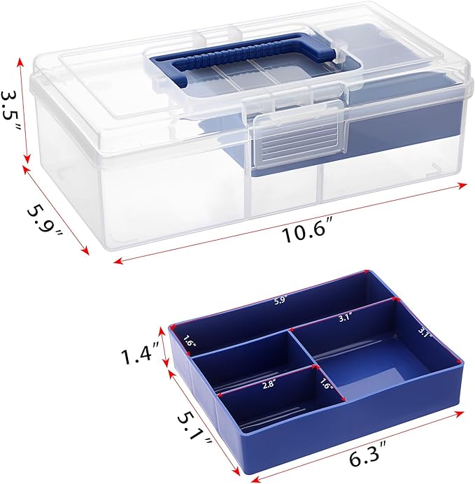 JUXYES Carry Craft Organizers Storage Box with Handle Lid and Diveded Tray | Clear Plastic Art Bin Sewing Storage Containers Tackle Box, 2 Layers Portable Storage Case for Craft, School Office Supplies