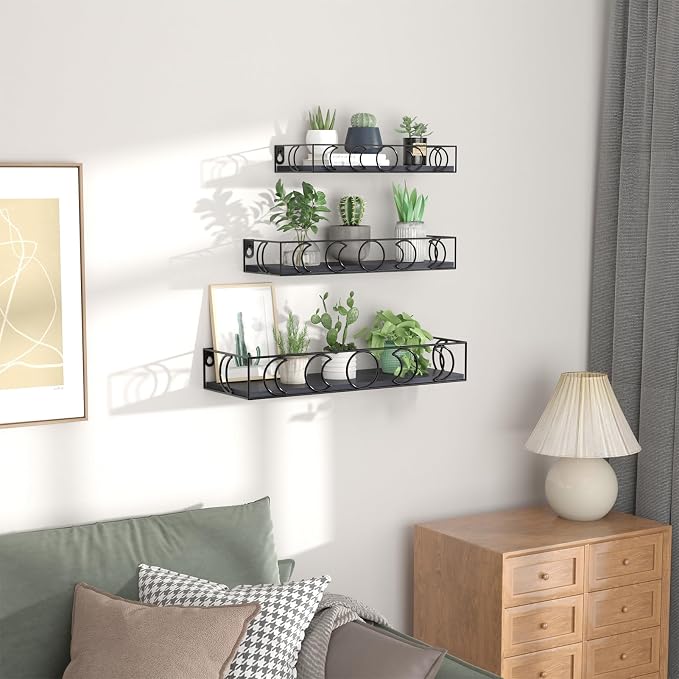 PHAREGE Moon Phase Floating Shelves Black Set of 3 | Small Decorative Wall Shelves for Book Plant Storage, Crystal Figurine Collectibles Display Shelf for Bedroom Kid Room