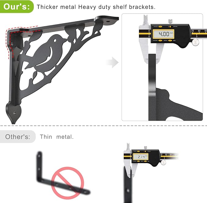 SELEWARE Heavy Duty Shelf Brackets 10 Inch, Bird Shelves Brackets, 300LB Capacity Decorative Metal L Brackets for Floating Shelves, Black Rustic Wall Mount Shelving Bracket with Screws, 2 Pack