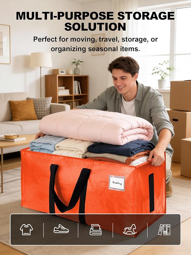 HOMESURE Supports 200lbs Heavy Duty Moving Bags - Strong Zipper & Wrap-Around Handles - Water-Resistant Storage Totes, Durable Alternative to Moving Boxes - 40 Pack - Orange