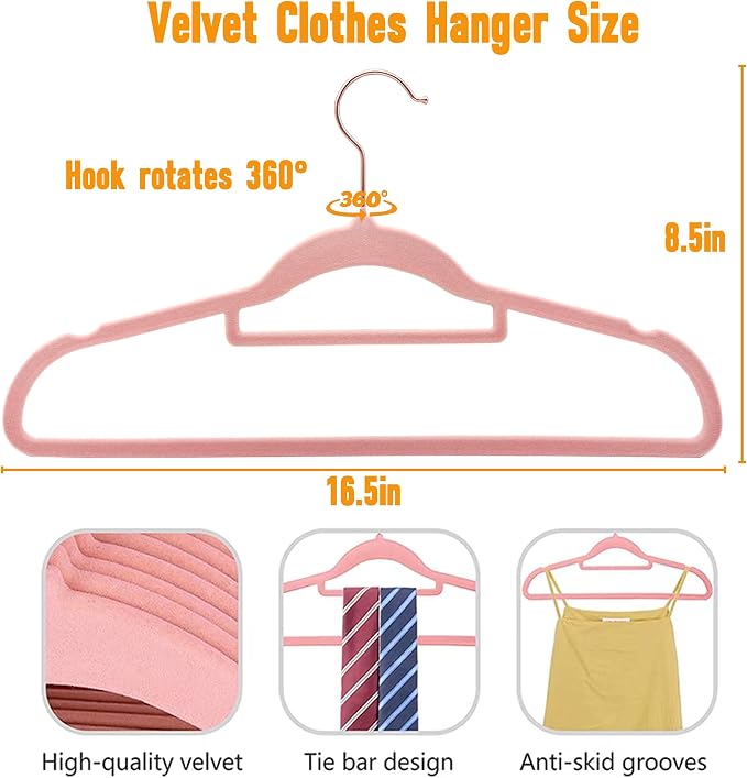 Pink Velvet Hangers 50 Pack - Adult Hangers Rose Gold Hook, Space Saving Non-Slip Clothes Hangers, 16.5 Inch with Tie Bar for Coats,Sweater,Jackets,Dresses, Shirts, Suits & T-Shirts