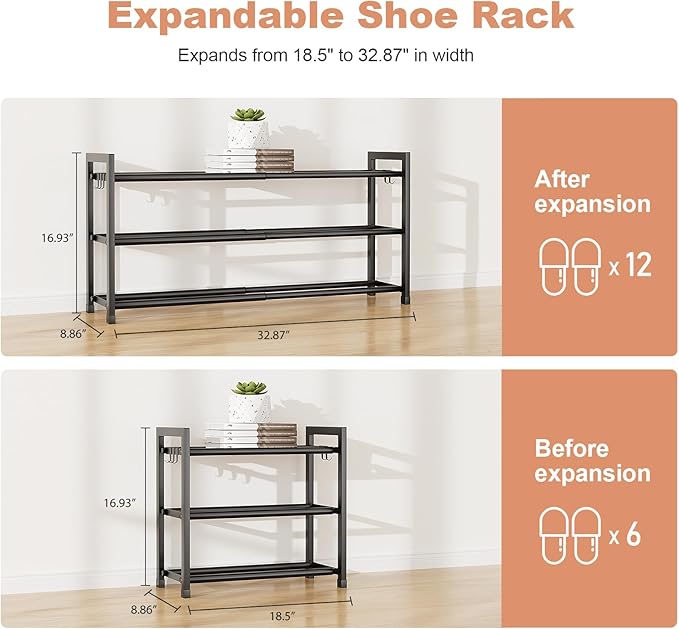 LANTEFUL 3-Tier Expandable Shoe Rack for Closet, Adjustable 18"-33" Metal Shoe Organizer for 12 Pairs, Shoe Shelf for Small Spaces, Entryway, Bedroom with 5 Hooks