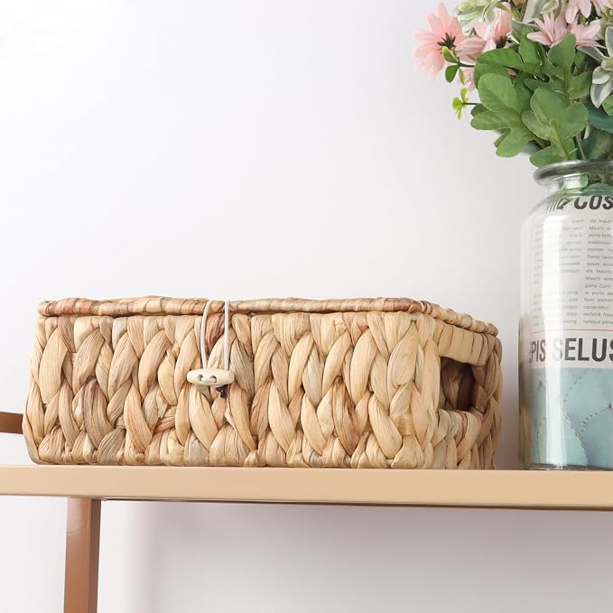Moosky Wicker Shelf Baskets with Lid, Rectangular Storage Basket Bins with Handles Handwoven Home Desk Organizer Decor Boxes (Natural, X-Small)