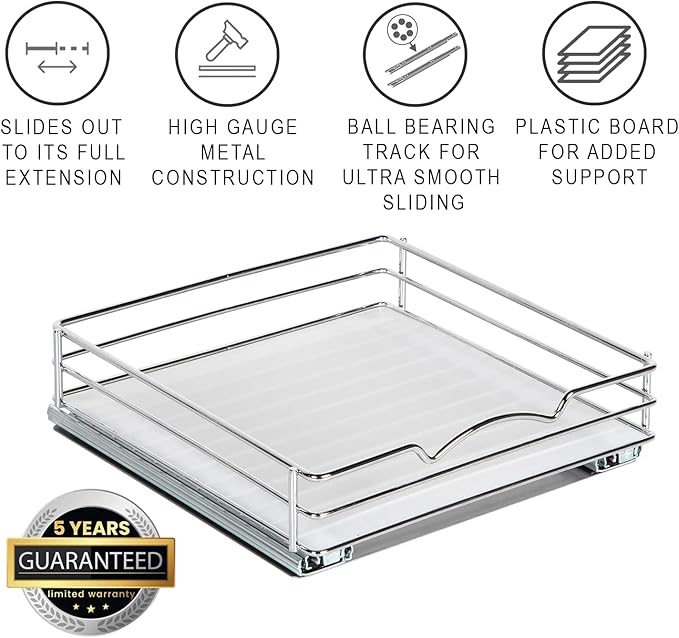 Pull-Out Cabinet Spice Rack Organizer, 10 ⅜"W x 10 ⅜"D x 2 ¾"H | Slim Slide-Out Storage for Spices, Bottles & Jars, Premium Heavy-Duty Steel, Easy Install for Narrow Kitchen Cabinets, Chrome